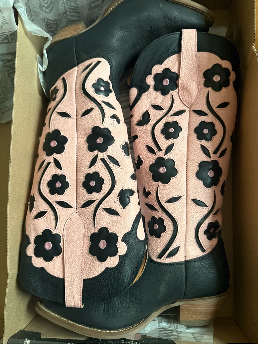 dingo Pink and Black Floral Western Heeled Boots